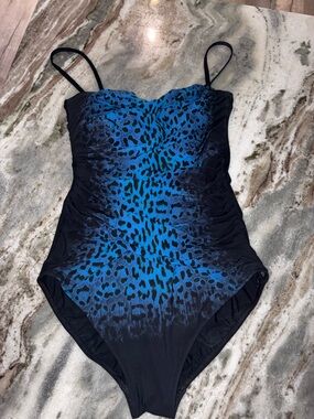 SEXY Gottex contour Blue Leopard One-Piece Swimsuit, slimming ruched, 12